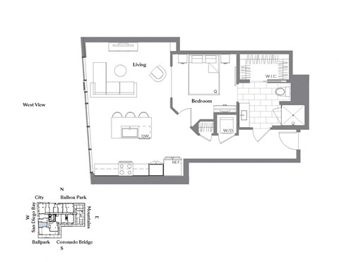 Floor plan for 1 bed, 1 bath, 800 sqft